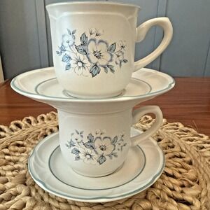 Lot of 2 Country Ware Ashberry Blue Floral Stoneware Cups & Saucers Japan VTG